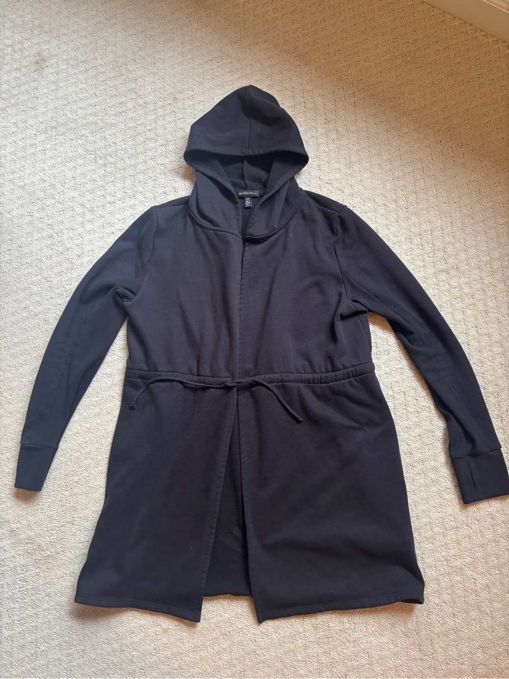 Beyond Yoga Black Hooded Open Cardigan with Drawstring